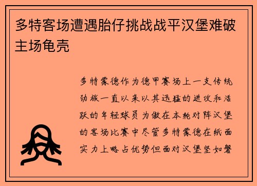 多特客场遭遇胎仔挑战战平汉堡难破主场龟壳