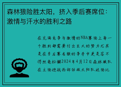 森林狼险胜太阳，挤入季后赛席位：激情与汗水的胜利之路