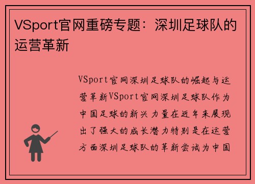 VSport官网重磅专题：深圳足球队的运营革新