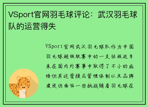 VSport官网羽毛球评论：武汉羽毛球队的运营得失