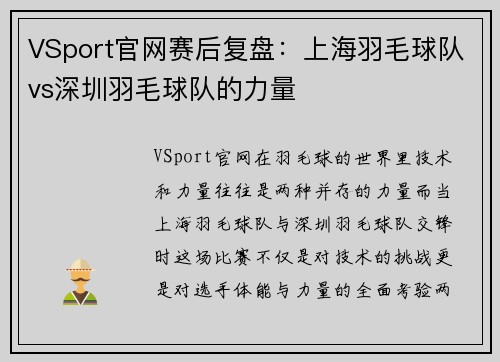 VSport官网赛后复盘：上海羽毛球队vs深圳羽毛球队的力量